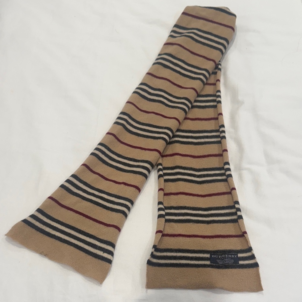 Burberry Beige Striped Wool Scarf with Navy and Burgundy Accents